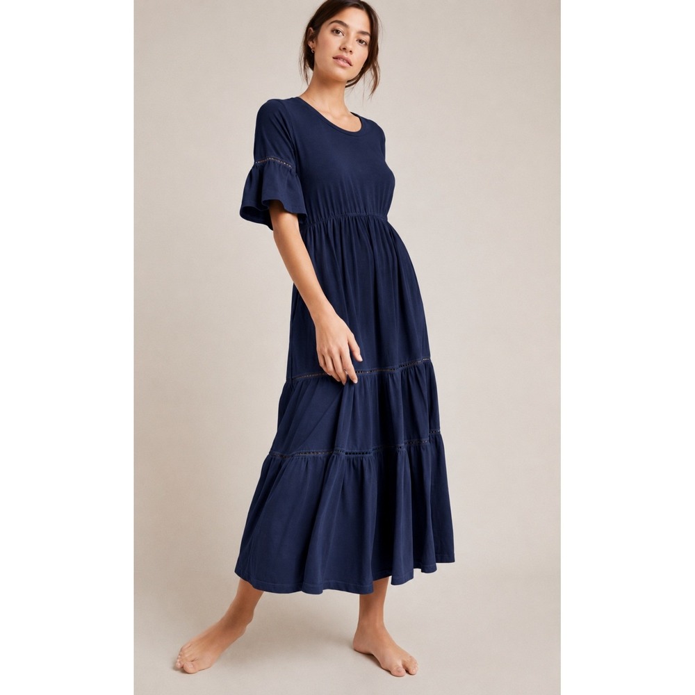 Sundry Tiered Maxi Dress Empire Flutter Sleeve Navy Blue Cotton Blend Size 2